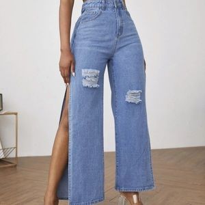 Zipper Fly Ripped/ Split Thigh Wide Leg Jeans